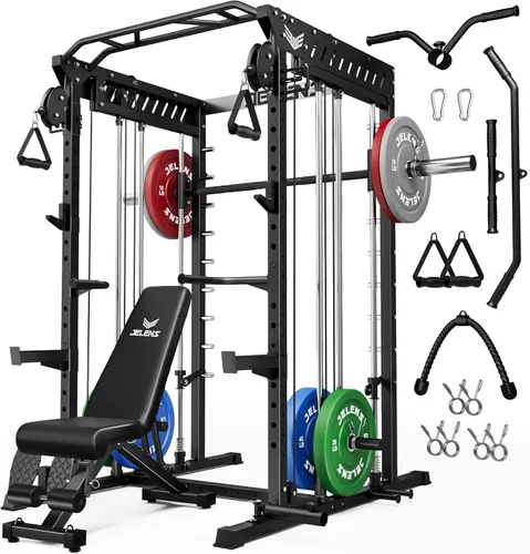 Miniatura 23 de JELENS M21 - Máquina Smith, jaula de potencia multifunción con sistema de cruce de cable de polea doble, banco de sentadillas todo en uno de 907 kg