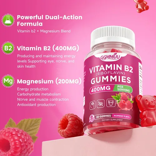 Miniatura 4 de Gomitas de vitamina B2 con riboflavina de 400 mg con magnesio para niños y adultos, gomitas B2 para apoyo del sistema nervioso y salud de la piel