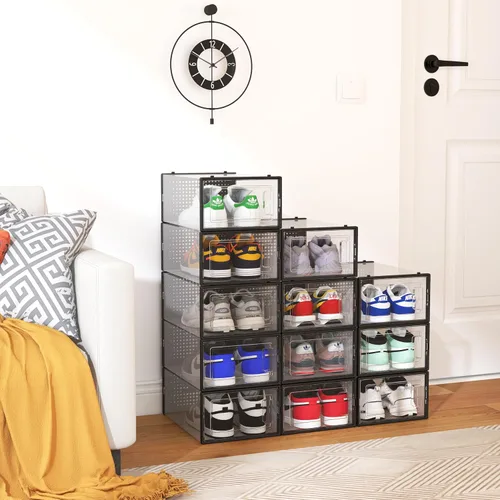 Miniatura 8 de Paquete de 12 cubos de almacenamiento de zapatos, organizador de zapatos apilable de plástico transparente para armario, zapatero plegable que