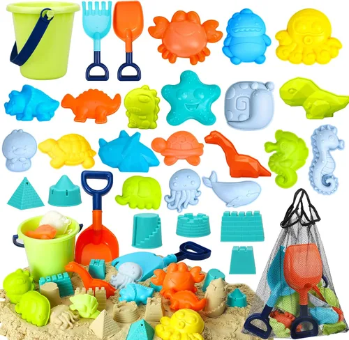 TOY Life 29 piezas de juguetes de playa de dinosaurios, juguetes de arena para niños pequeños con palas de cubo de castillo y kit de construcción de