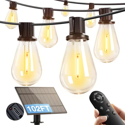 addlon Luces de Cadena Solares de 104 Pies (98 Pies + 6) para Exteriores Impermeables con Puerto USB y Control Remoto Luces Solares para Patio