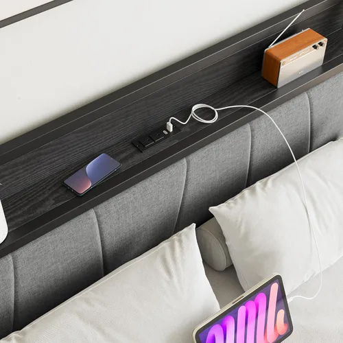 Miniatura 5 de BOFENG Base de cama Queen con cabecero, base de cama tapizada de metal con estación de carga, marco de cama tamaño Queen con almacenamiento,
