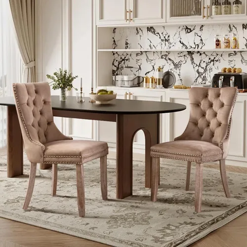 Miniatura 11 de Juego de 2 sillas de comedor tapizadas de terciopelo, sillas laterales de cocina de estilo moderno con ribete de cabeza de clavo y patas de madera