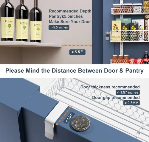 Miniatura 2 de Bunoxea Organizador de despensa de 6 niveles para colgar sobre la puerta, estante de especias colgante con cesta ajustable, estantes para colocar