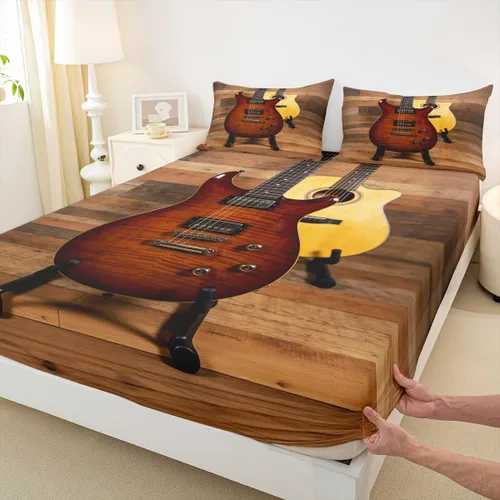 Miniatura 21 de Erosebridal Sábanas de guitarra tamaño individual para niños y niñas, sábanas de teclados de piano, sábanas bajeras con temática musical