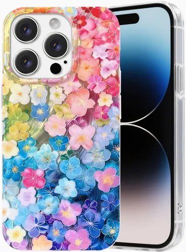 I-MGAE-IN-AR Funda compacta para iPhone 13 Pro, diseño colorido de flores iridiscentes, protección de grado militar a prueba de golpes, funda