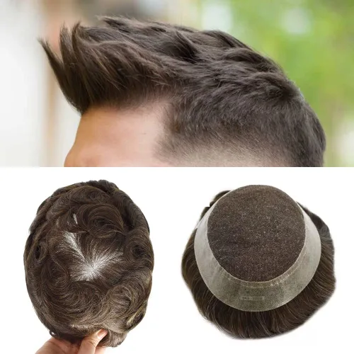 Miniatura 20 de Toupee para hombres Piezas de pelo suizo encaje Real Cabello humano sistema de reemplazo para hombres Toupee Protesis Capilar Para Hombre 7x9