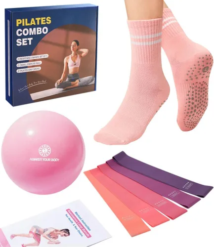 Miniatura 8 de floconssy Pilates Ball Resistance Bands Grip Socks Barre Sets, Loop Exercise Bands 5 Levels, Small Yoga Ball 9 Inch, Non Slip Socks Workout Kit at