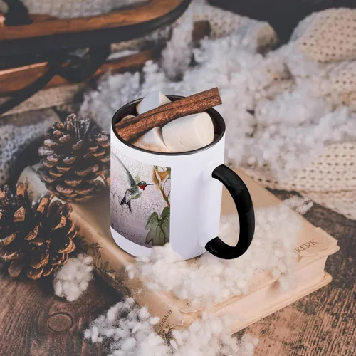 Miniatura 6 de 3dRose Hummingbird by Yellow Trompet Flower on Crackled Background - Taza negra de dos tonos de 11 oz
