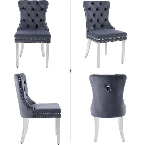 Miniatura 10 de Juego de 2 Sillas de Comedor, Sillas de Terciopelo Acolchado con Patas Modernas de Acero Inoxidable, Ribete de Remaches con Anilla Metálica