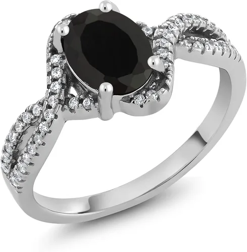 Gem Stone King Anillo de plata de ley 925 con ónix negro para mujer (1.67 quilates, piedra natal con piedras preciosas, ovalado de 0.315 x 0.236 in,