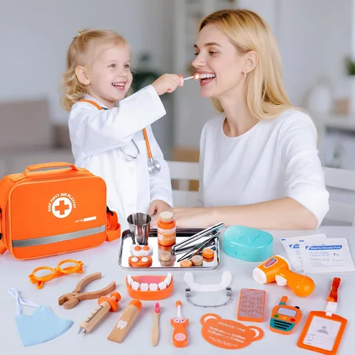 Miniatura 2 de Juego de dentista para niños, kit médico de madera para niños pequeños de 3 a 5 años con estetoscopio real, dientes extraíbles, frenos y bolsa