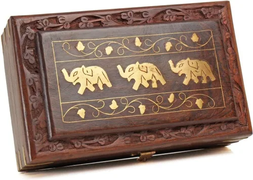 Miniatura 7 de Ajuny Joyero de madera de 8 x 5 Diseño de elefante hecho a mano con incrustaciones de latón, organizador de recuerdos y baratijas decorativo