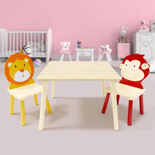 Miniatura 3 de Juego de mesa y silla para niños, juego de mesa de madera para niños con 2 sillas, mesa de actividades adorablemente animales para leer, dibujar