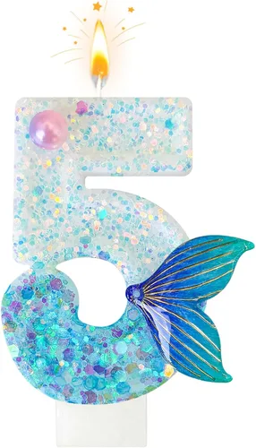 Miniatura 8 de Vela de sirena número 3, decoración de pastel de cola de sirena azul para decoración de fiesta de cumpleaños y aniversario de niñas (número 3)