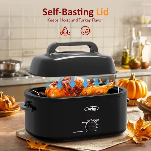 Miniatura 5 de Sunvivi Horno Eléctrico de 26 Cuartos con Tapa de Autohilvanado, Horno Eléctrico para Pavo con Bandeja Extraíble, Buffet de Asador de Pavo con Asas
