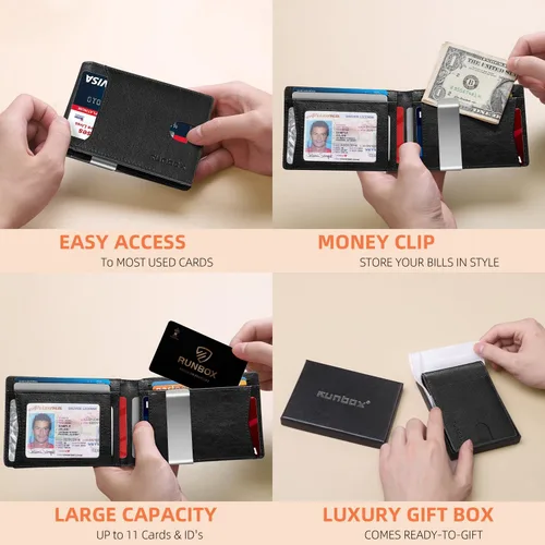 Miniatura 23 de RUNBOX - Carteras delgadas para hombre, cartera de piel con pinza para el dinero, cartera de bolsillo frontal con bloqueo RFID, tarjetero