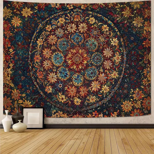 Miniatura 26 de Fowocu Tapiz bohemio con mandala floral para colgar en la pared, medallón de flores bohemias, tapiz estético, beige, naranja, hippie, indio, pequeño