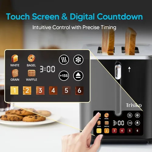 Miniatura 3 de Trisiko® Tostadora de pantalla táctil de 2 rebanadas, tostadora inteligente con temporizador digital, ranuras extra anchas de 1.38 pulgadas para pan