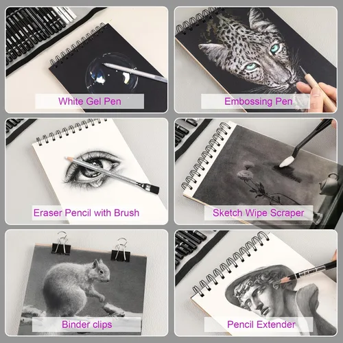 Miniatura 6 de HIFORNY Juego de 60 lápices de dibujo, lápices de bocetos, suministros de arte con cuaderno de bocetos de 3 colores, grafito, carbón, lápices