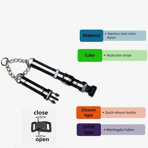 Miniatura 4 de Collar Martingale para perros, collares de nailon ajustables con hebilla de liberación rápida, rayas multicolores, cadena de acero inoxidable