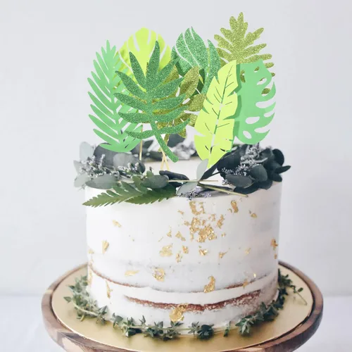 Miniatura 3 de 16 piezas de hojas tropicales con purpurina para tartas tropicales, decoración para tartas de boda, decoración de pastel de hojas de palmera