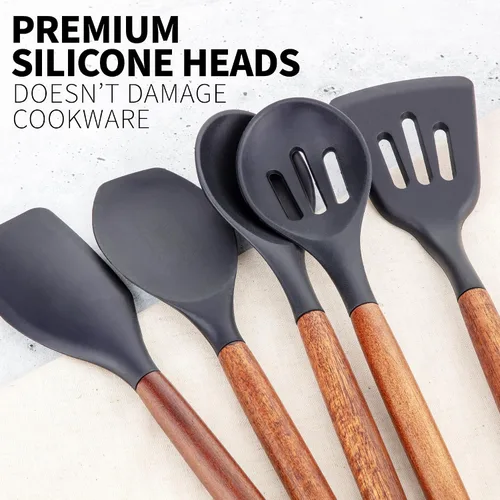 Miniatura 9 de Zulay Kitchen Juego de utensilios de cocina antiadherentes con auténticas asas de madera de acacia, juego de utensilios de cocina de silicona