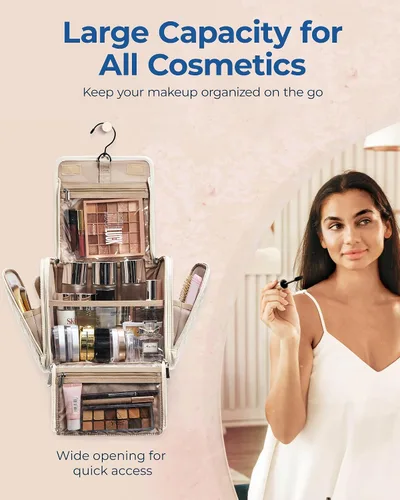 Miniatura 3 de BAGSMART Neceser de viaje para maquillaje con gancho para colgar, bolsa de cosméticos, organizador de gran capacidad, resistente al agua, para Beige