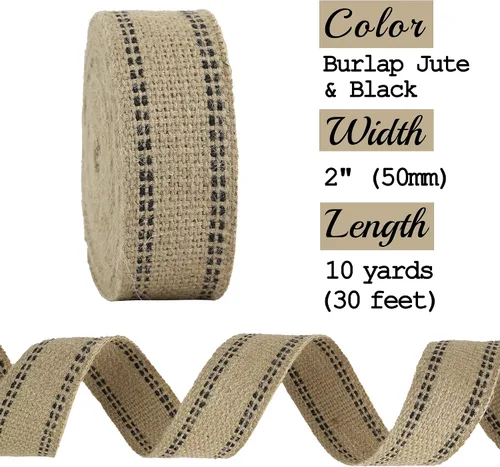 Miniatura 2 de MEEDEE Cinta de yute negro para tapicería de 2 pulgadas, arpillera de yute para manualidades con costuras negras para decoración del hogar, silla