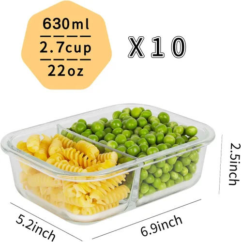 Miniatura 2 de Bayco - Paquete de 10 contenedores de vidrio para comidas preparadas de 2 compartimentos, contenedores de vidrio para almacenamiento de alimentos