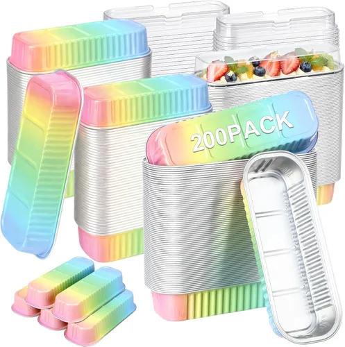 Miniatura 7 de Qunclay 200 mini moldes de papel de aluminio con tapas, 6.8 onzas, mini molde desechable para pasteles con tapa, tazas rectangulares para hornear