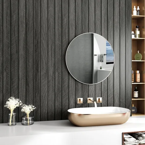 Miniatura 5 de Wallercity Paneles de madera 3D gris/negro para paredes, paneles de pared de listones de madera autoadhesivos para dormitorio, baño, panel de pared