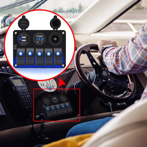 Miniatura 7 de FXC Interruptor basculante de barco marino impermeable, panel de aluminio de 5 segmentos con ranura USB dual 3.1A + medidor de voltios, luz LED azul