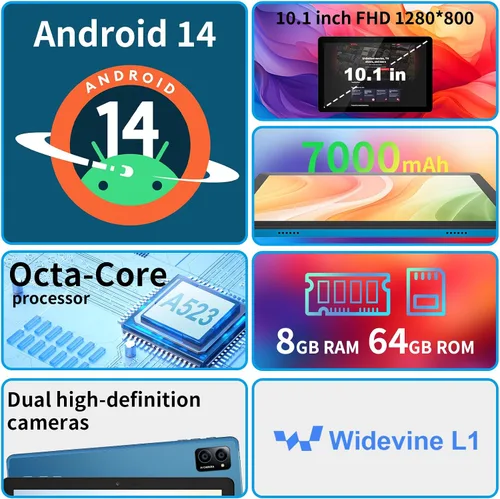 Miniatura 2 de Tableta Android 14 de 10 pulgadas: Octa-Core, 8 GB de RAM 64 GB, 7000 mAh, con estuche con soporte, pantalla IPS HD, Wi-Fi 6, OTG, cuerpo de metal