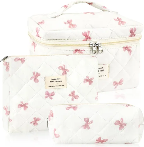 Miniatura 22 de URSKYTOUS Juego de 3 Bolsas de Maquillaje Acolchadas, Set de Bolsas de Cosméticos con Lazo para Viaje, Bolsa Grande de Maquillaje para Mujeres