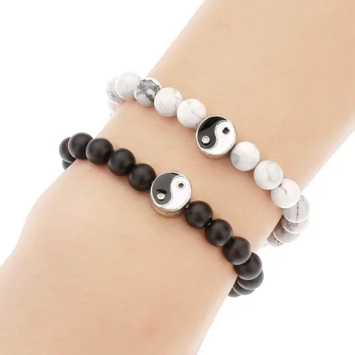 Miniatura 5 de Moda hombres mujeres Taiji Yin Yang Feng Shui Charm pulsera natural blanco turquesa y negro cuentas parejas pulseras amistad distancia pulsera