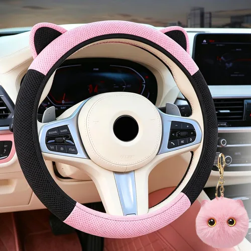 Steering Wheel Cover with Ears Keychain Fit 14-15 inch Black Pink | Cute Ears Car Steering Wheel Covers for Women Girls Elastic Breathable Steering