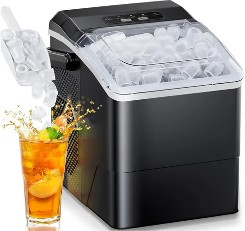 HOMEZAY Encimera para hacer hielo, 9 cubos listos en 6 minutos, 26 libras por día, máquina de hielo con 2 tamaños de hielo y autolimpieza, máquina