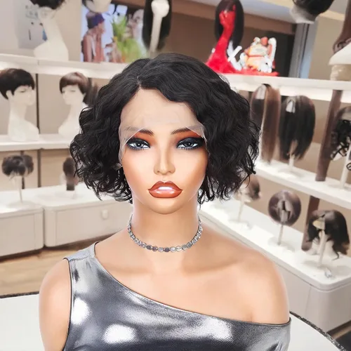 Miniatura 4 de WIGER Pelucas cortas con encaje frontal de cabello humano para mujeres, peluca corta rizada estilo Bob, peluca Pixie de encaje frontal negra, peluca