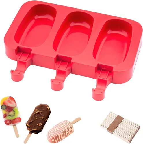 beicemania® Molde para paletas de hielo, ovalado, clásico, para hacer paletas de hielo, color rojo, de silicona, con palitos de madera