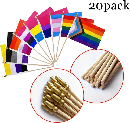 Miniatura 3 de Progress Rainbow - Juego de banderas de orgullo gay en palo de madera, pequeñas banderas de mano LGBTQ Inlcusivas, 5 x 8 pulgadas, paquete de 20