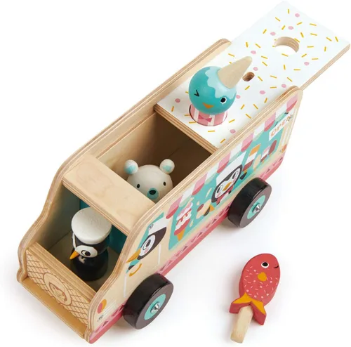 Miniatura 2 de Tender Leaf Toys - Furgoneta de gelato de pingüino - Vehículo de madera de helado de juego de comida estilo camión de comida - Fomenta el juego