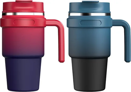 Miniatura 22 de Taza/vaso de café aislado de 20 onzas con asa, vaso de viaje de acero inoxidable con tapa y popote, vaso de doble pared con aislamiento al vacío a
