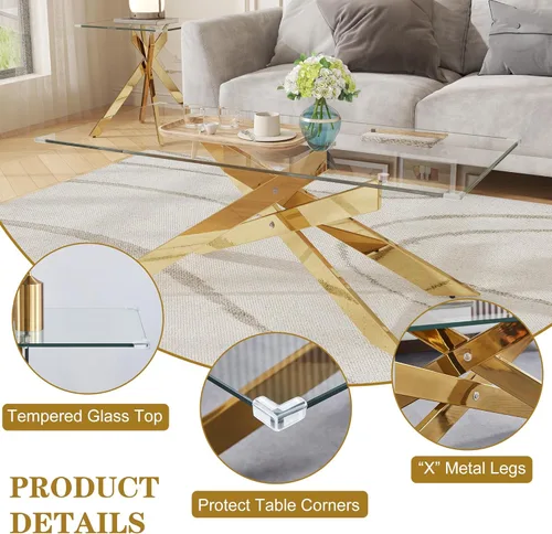 Miniatura 5 de Mesa de centro de cristal de 47 pulgadas con parte superior de vidrio templado y patas de metal dorado, mesa central rectangular moderna para sala