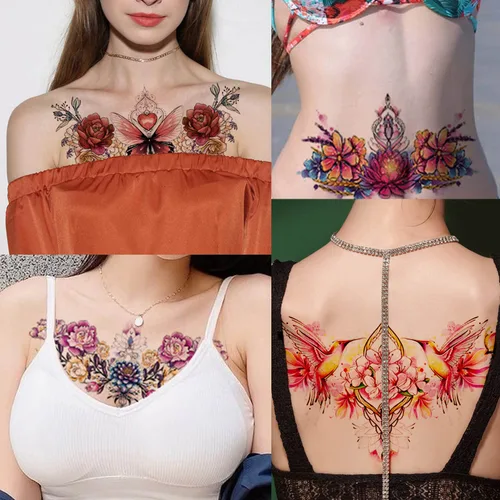 Miniatura 3 de Glaryyears Tatuaje temporal debajo del pecho para mujer, paquete de 10 tatuajes realistas florales grandes, calcomanías creativas de larga duración