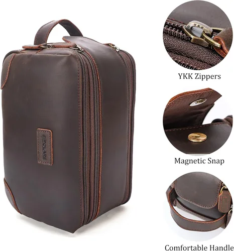 Miniatura 8 de Polare - Neceser de viaje de cuero de grano completo, kit de aseo Dopp, estuche de viaje grande para cosméticos, kit de afeitado con cremalleras YKK