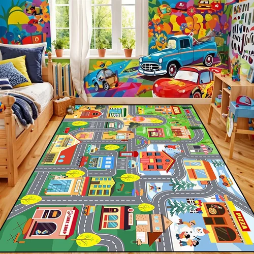 Miniatura 27 de Alfombras de construcción para habitación de niños de 2 x 3 pies, alfombra de juego para autos y camiones, alfombra de coche para niños, alfombra