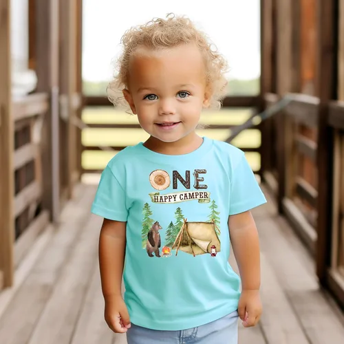 Miniatura 5 de Camisetas temáticas y raglanes One Happy Camper para el primer cumpleaños para acampar al aire libre para niñas y niños