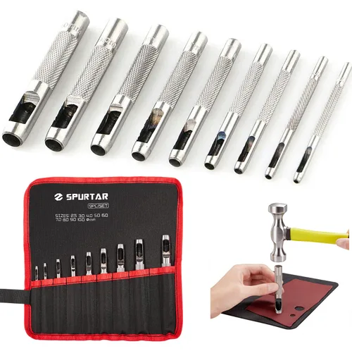 Miniatura 8 de Spurtar Juego de Punzones Huecos de 9 Piezas 2.5-10.0mm de Acero al Carbono de Alta Resistencia, Herramienta Redonda para Agujeros de Cuero, Kit
