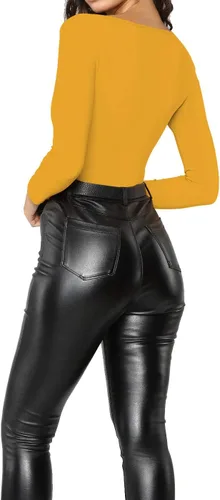Miniatura 202 de MANGDIUP Body esencial para mujer, cuello redondo, manga larga, ajustado, elástico, de algodón y elastano